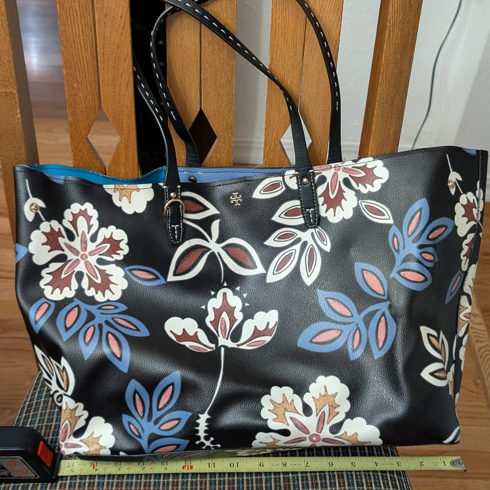 Tory Burch Black and Blue Floral Tote Bag - Picture 1 of 6